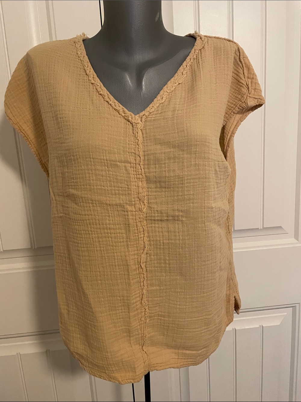 Wonderly Textured V-Neck Cap Sleeve Top in Camel
